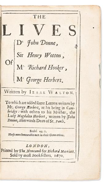 Walton, Isaak (1593-1683) The Lives of { Dr. John Donne, Sir Henry Wotton, Mr. Richard Hooker, Mr. George Herbert, Author's Signed Pre